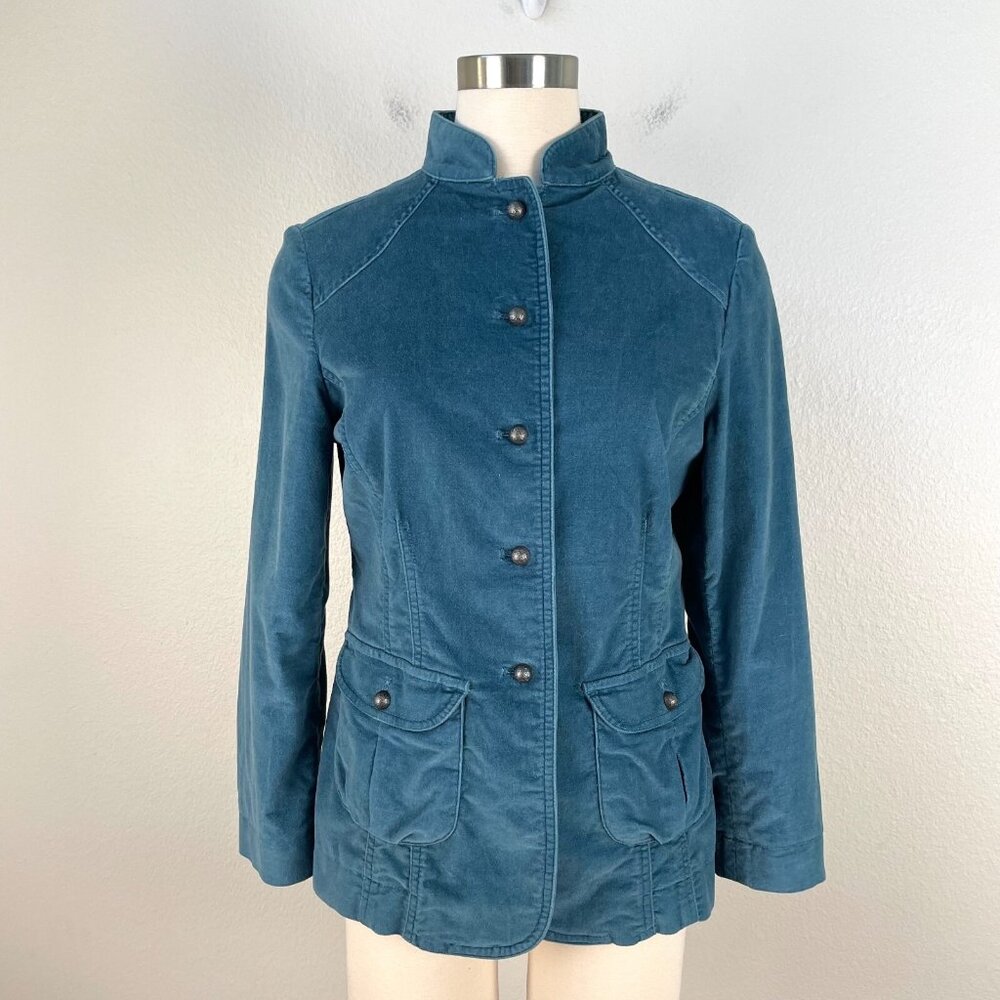 J JILL Womens 8P Blue Button Up Velvet Jacket Long Sleeve Pockets